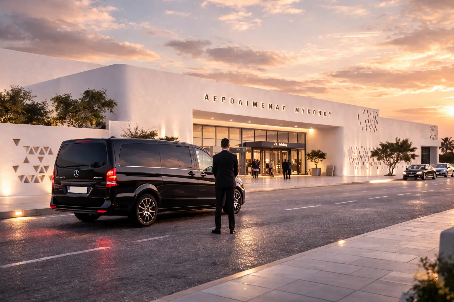 Luxury airport transfer service at Mykonos Airport with Mercedes Vito and professional chauffeur