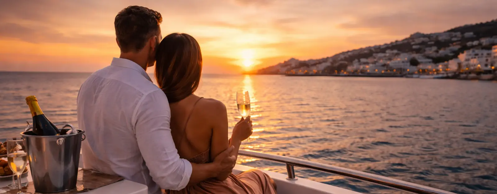 Luxury concierge Mykonos yacht sunset experience with VIP services overlooking Mykonos town