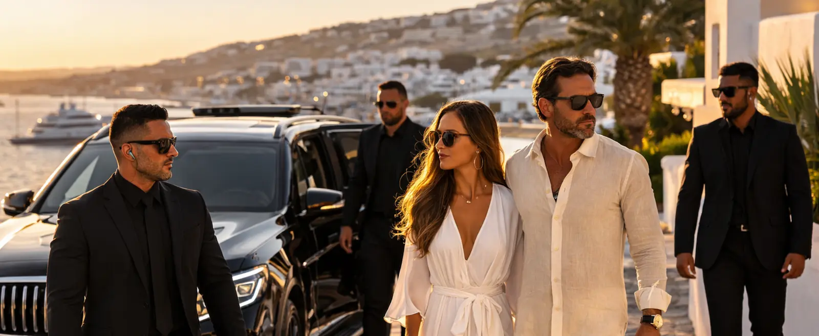 Professional close protection team providing Mykonos security while escorting VIP guests.
