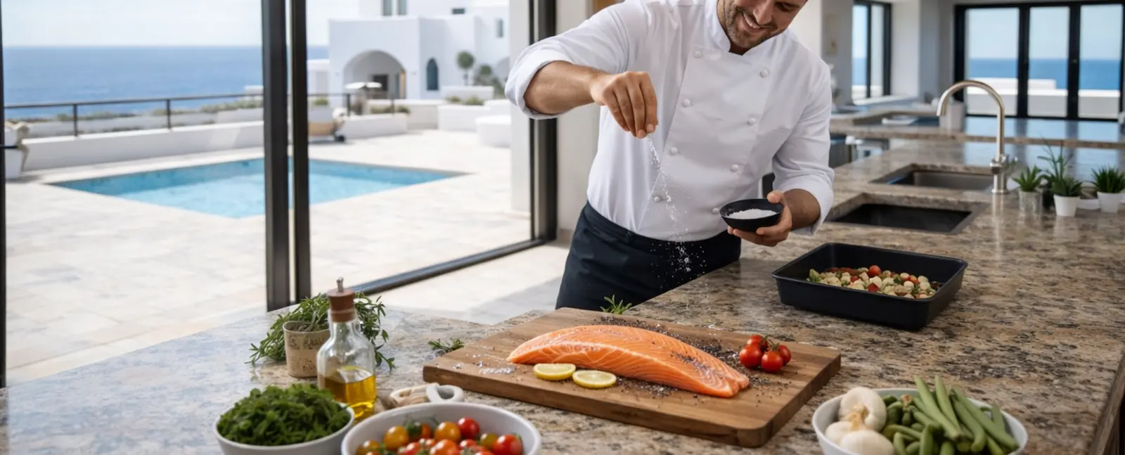 Private chef gastronomy preparing lunch in a luxury Mykonos villa kitchen with sea view